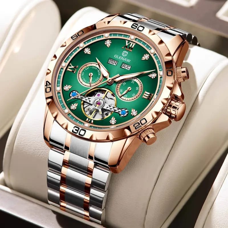 Dianpai Men's Luxury Automatic Mechanical Watch - Luminous Blue Dial, Roman Numerals, Date Display, Stainless Steel Band