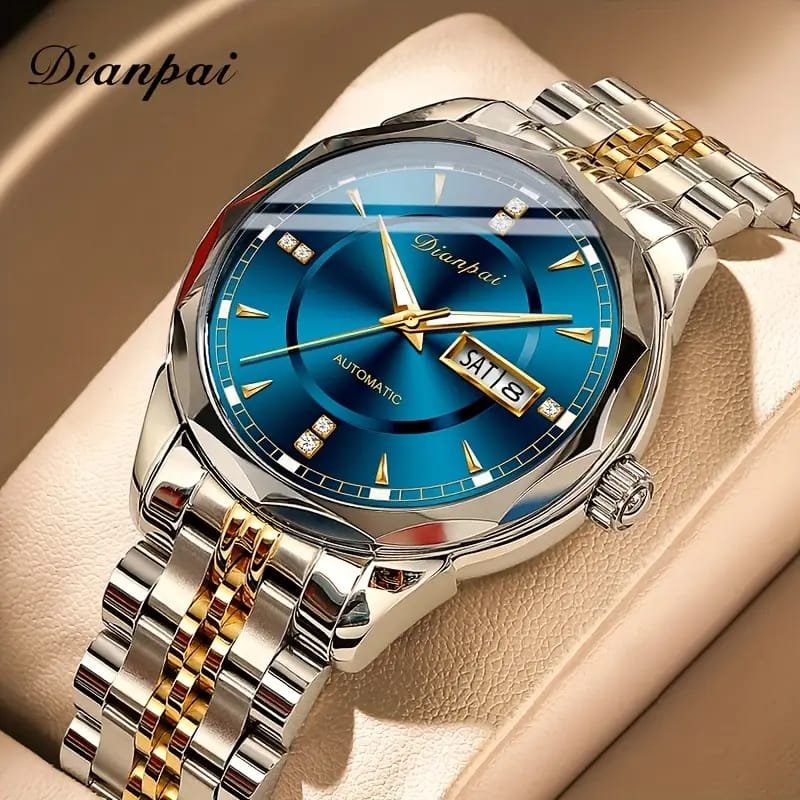 Dianpai Men's Luxury Automatic Mechanical Watch - Luminous Blue Dial, Roman Numerals, Date Display, Stainless Steel Band