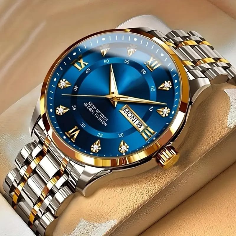 Dianpai Men's Luxury Automatic Mechanical Watch - Luminous Blue Dial, Roman Numerals, Date Display, Stainless Steel Band