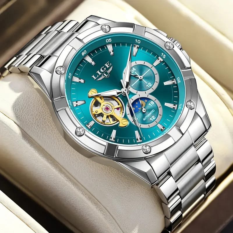 Dianpai Men's Luxury Automatic Mechanical Watch - Luminous Blue Dial, Roman Numerals, Date Display, Stainless Steel Band