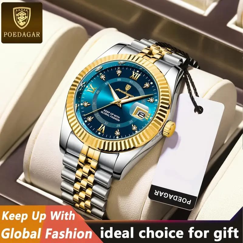 Dianpai Men's Luxury Automatic Mechanical Watch - Luminous Blue Dial, Roman Numerals, Date Display, Stainless Steel Band