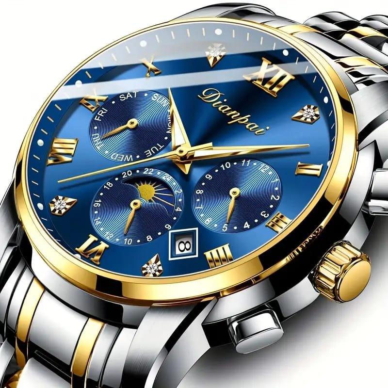 Dianpai Men's Luxury Automatic Mechanical Watch - Luminous Blue Dial, Roman Numerals, Date Display, Stainless Steel Band