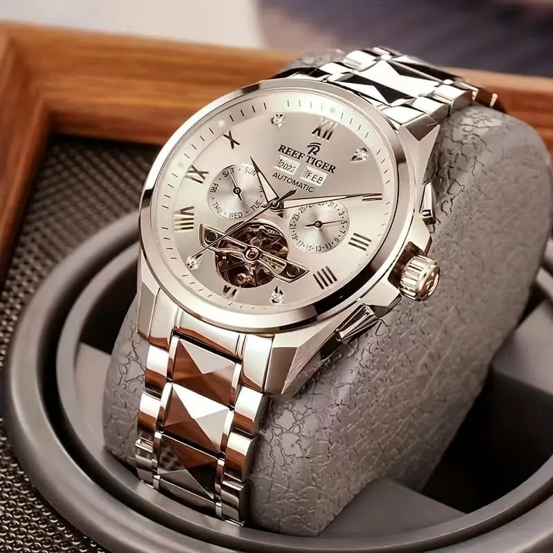 Dianpai Men's Luxury Automatic Mechanical Watch - Luminous Blue Dial, Roman Numerals, Date Display, Stainless Steel Band