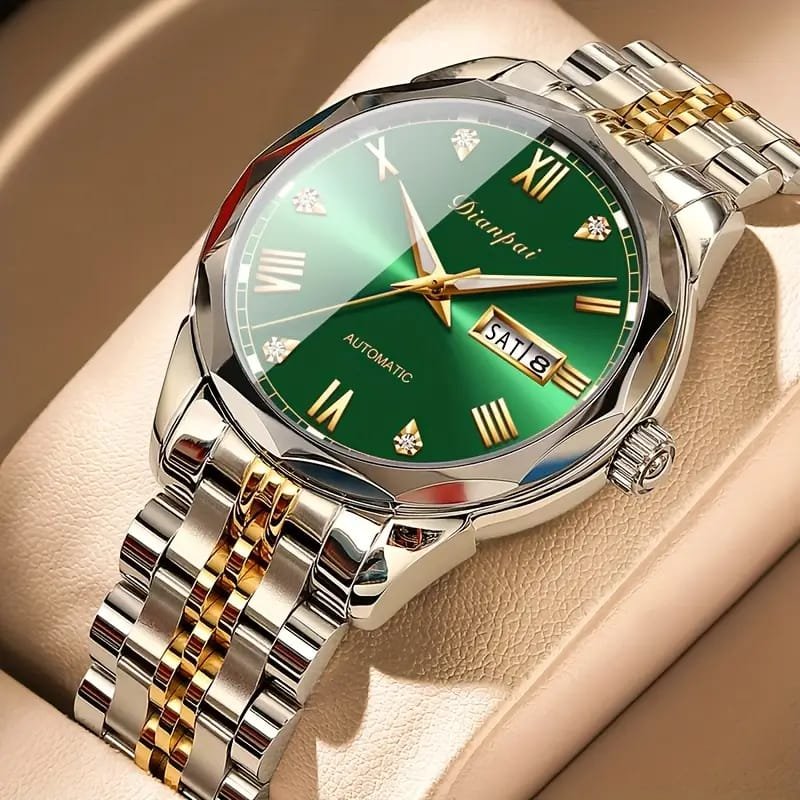 Dianpai Men's Luxury Automatic Mechanical Watch - Luminous Blue Dial, Roman Numerals, Date Display, Stainless Steel Band