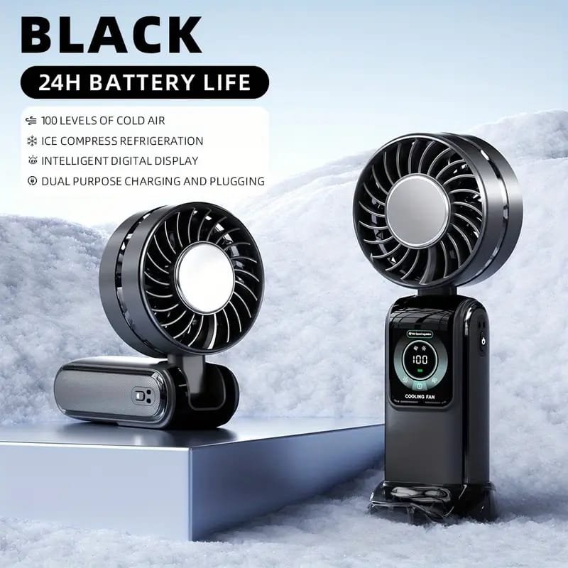 USB Rechargeable Mini Fan with LED Display & Flashlight, 3-Speed Adjustable