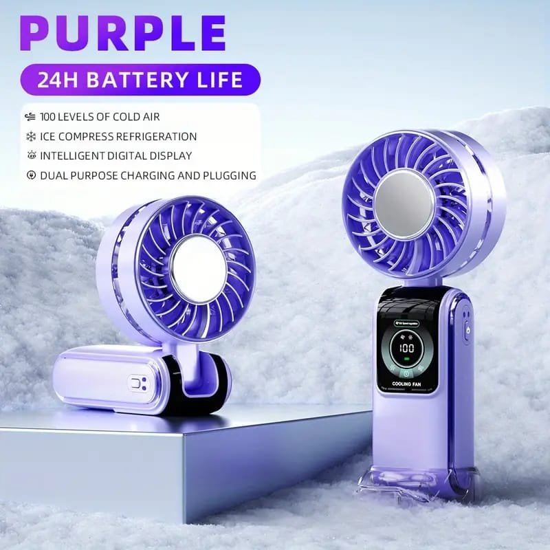 USB Rechargeable Mini Fan with LED Display & Flashlight, 3-Speed Adjustable