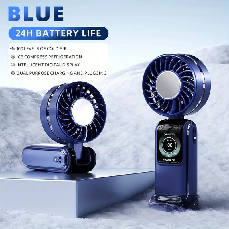 USB Rechargeable Mini Fan with LED Display & Flashlight, 3-Speed Adjustable