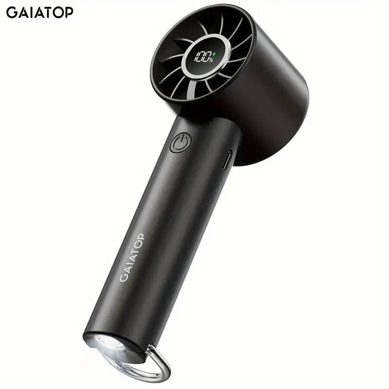 USB Rechargeable Mini Fan with LED Display & Flashlight, 3-Speed Adjustable