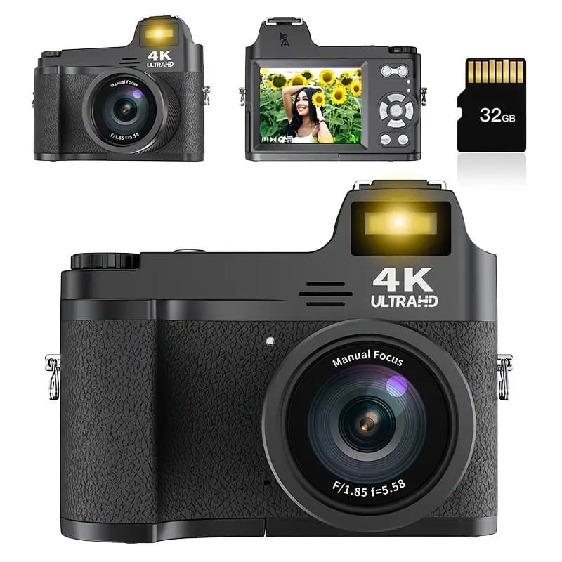 4K Digital Camera for Photography & Vlogging - 16X Zoom, 180° Flip Screen, 52mm Macro Lens, 2 Batteries & 32GB SD Card Included