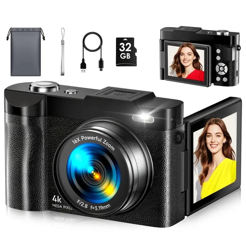 4K Digital Camera for Photography & Vlogging - 16X Zoom, 180° Flip Screen, 52mm Macro Lens, 2 Batteries & 32GB SD Card Included