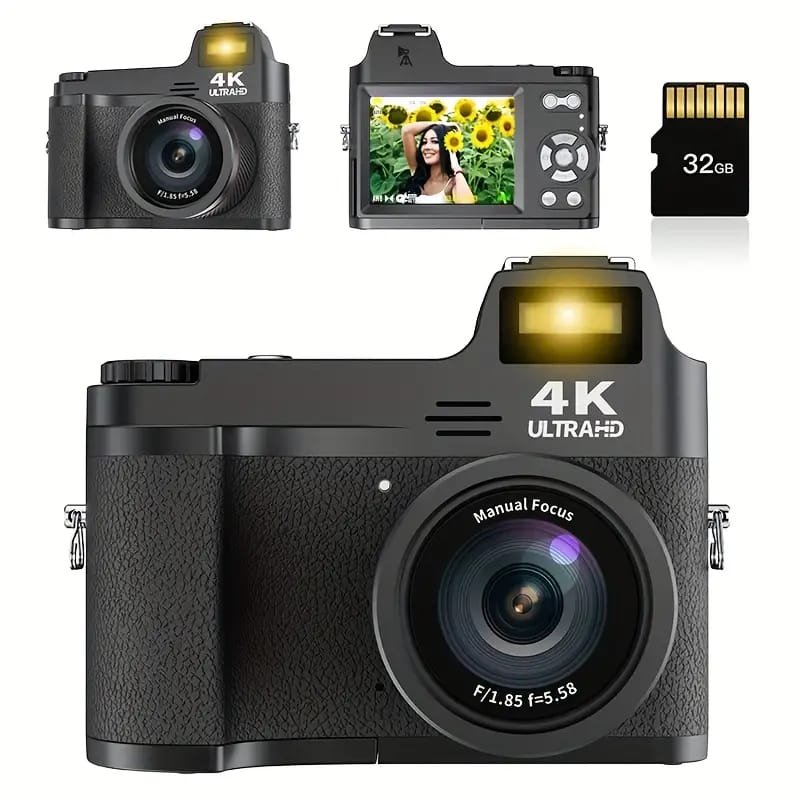 4K Digital Camera for Photography & Vlogging - 16X Zoom, 180° Flip Screen, 52mm Macro Lens, 2 Batteries & 32GB SD Card Included