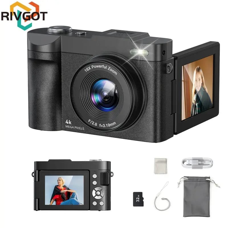 4K Digital Camera for Photography & Vlogging - 16X Zoom, 180° Flip Screen, 52mm Macro Lens, 2 Batteries & 32GB SD Card Included