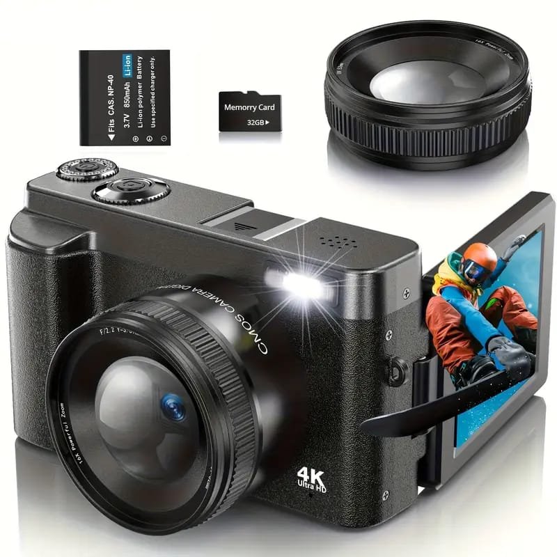 4K Digital Camera for Photography & Vlogging - 16X Zoom, 180° Flip Screen, 52mm Macro Lens, 2 Batteries & 32GB SD Card Included