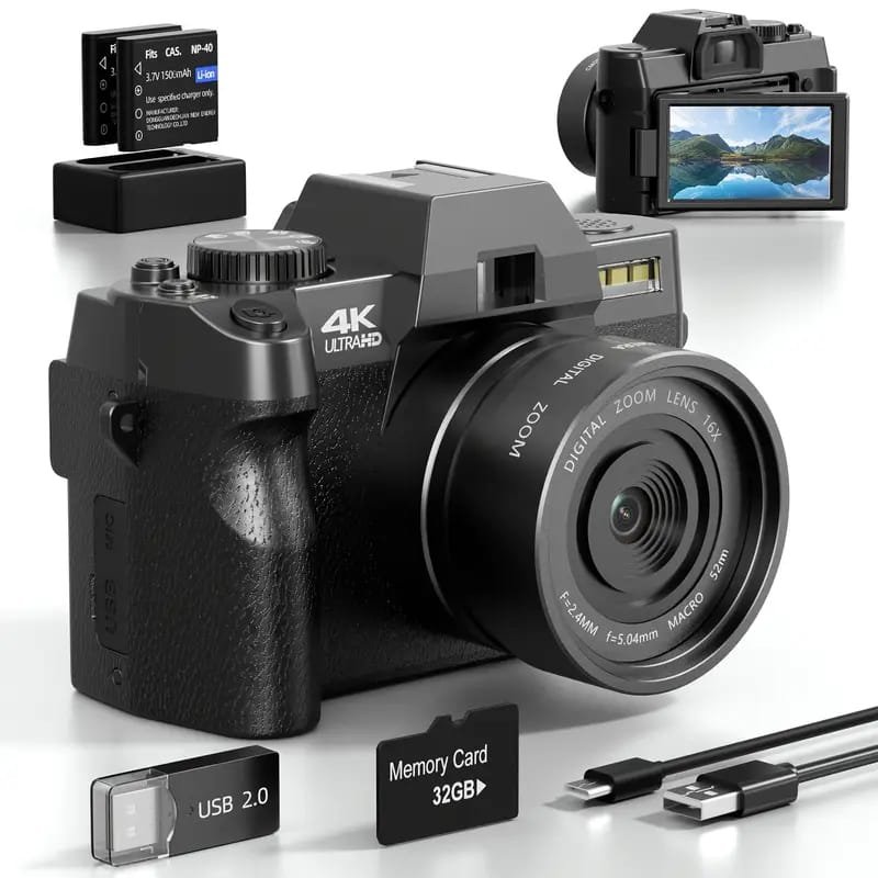 4K Digital Camera for Photography & Vlogging - 16X Zoom, 180° Flip Screen, 52mm Macro Lens, 2 Batteries & 32GB SD Card Included