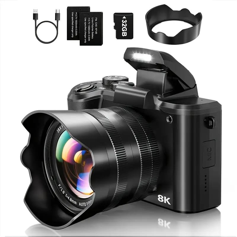 4K Digital Camera for Photography & Vlogging - 16X Zoom, 180° Flip Screen, 52mm Macro Lens, 2 Batteries & 32GB SD Card Included