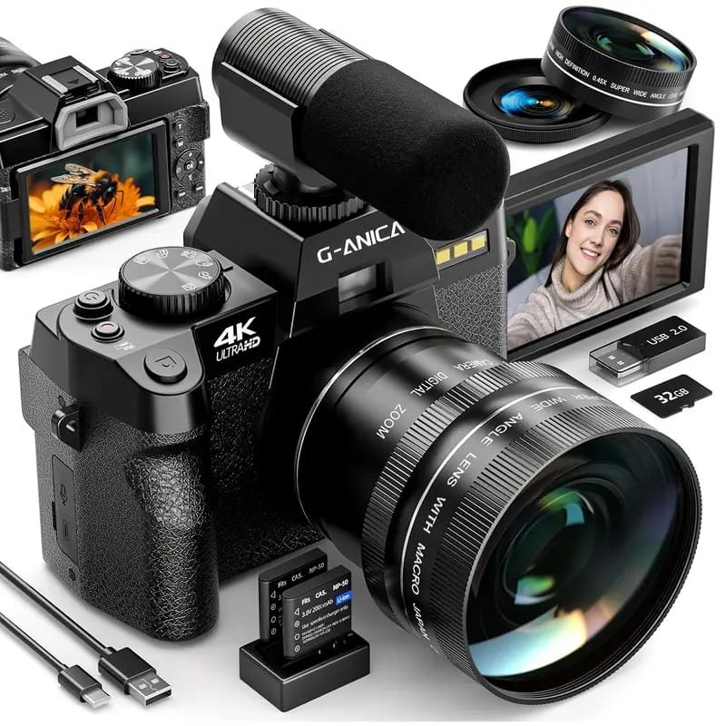 4K Digital Camera for Photography & Vlogging - 16X Zoom, 180° Flip Screen, 52mm Macro Lens, 2 Batteries & 32GB SD Card Included