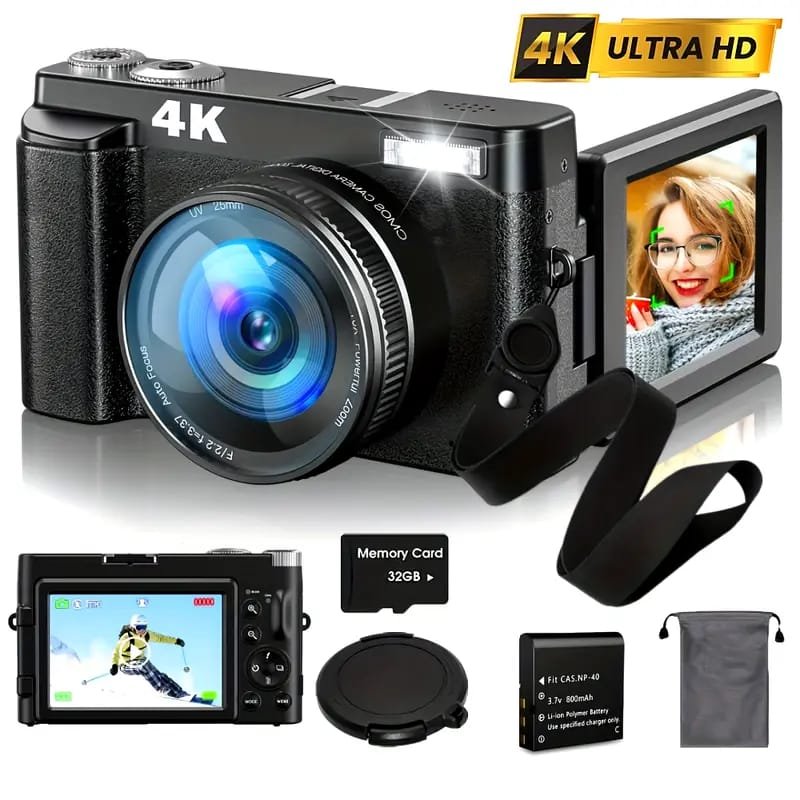 4K Digital Camera for Photography & Vlogging - 16X Zoom, 180° Flip Screen, 52mm Macro Lens, 2 Batteries & 32GB SD Card Included