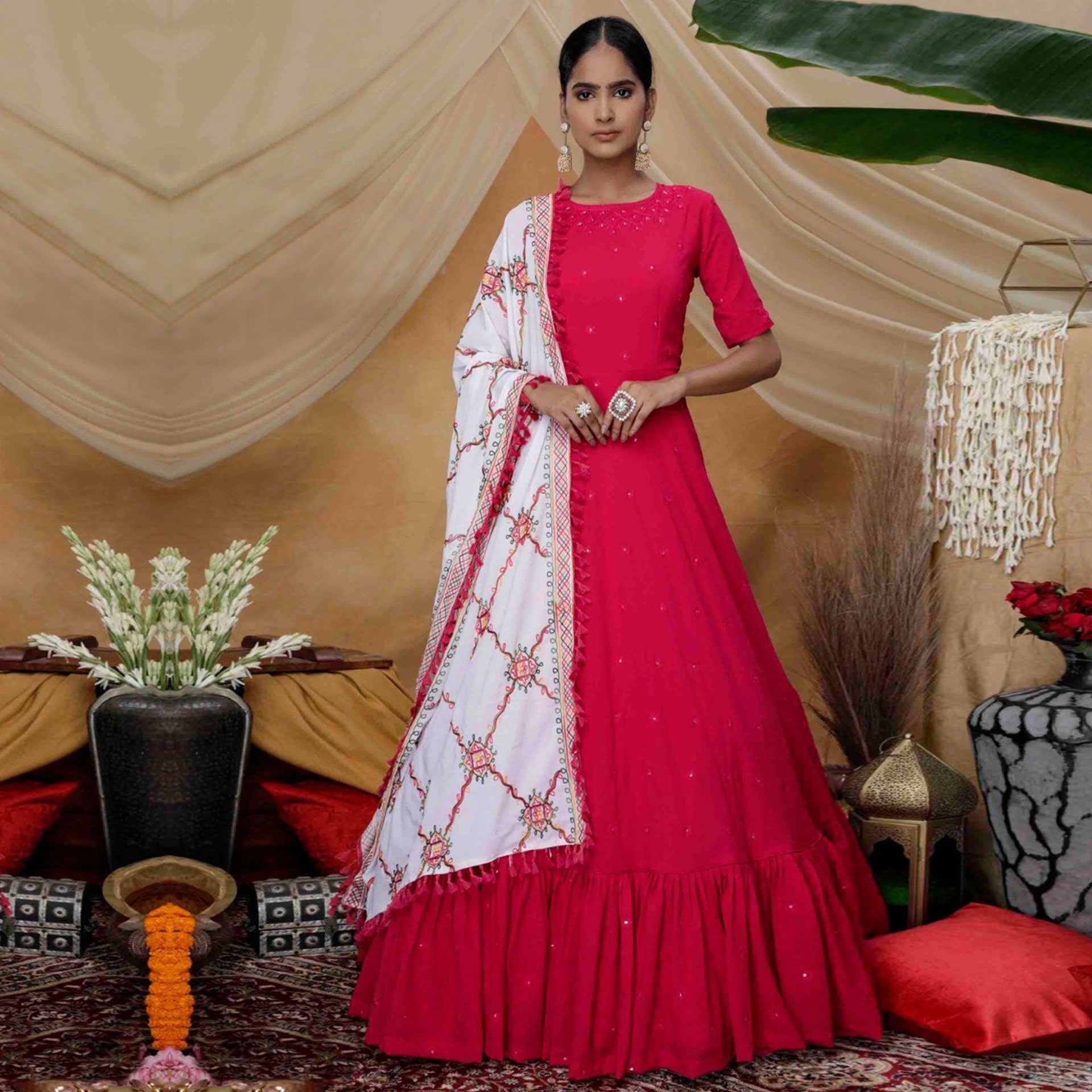 Alluring Rani Pink Colored Partywear Embroidered Georgette Anarkali Suit