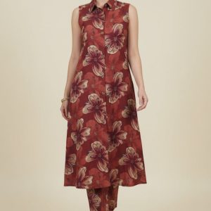 Beautiful Maroon A-Line Co-Ord Set with Floral Printed Detailing in Viscose Blend