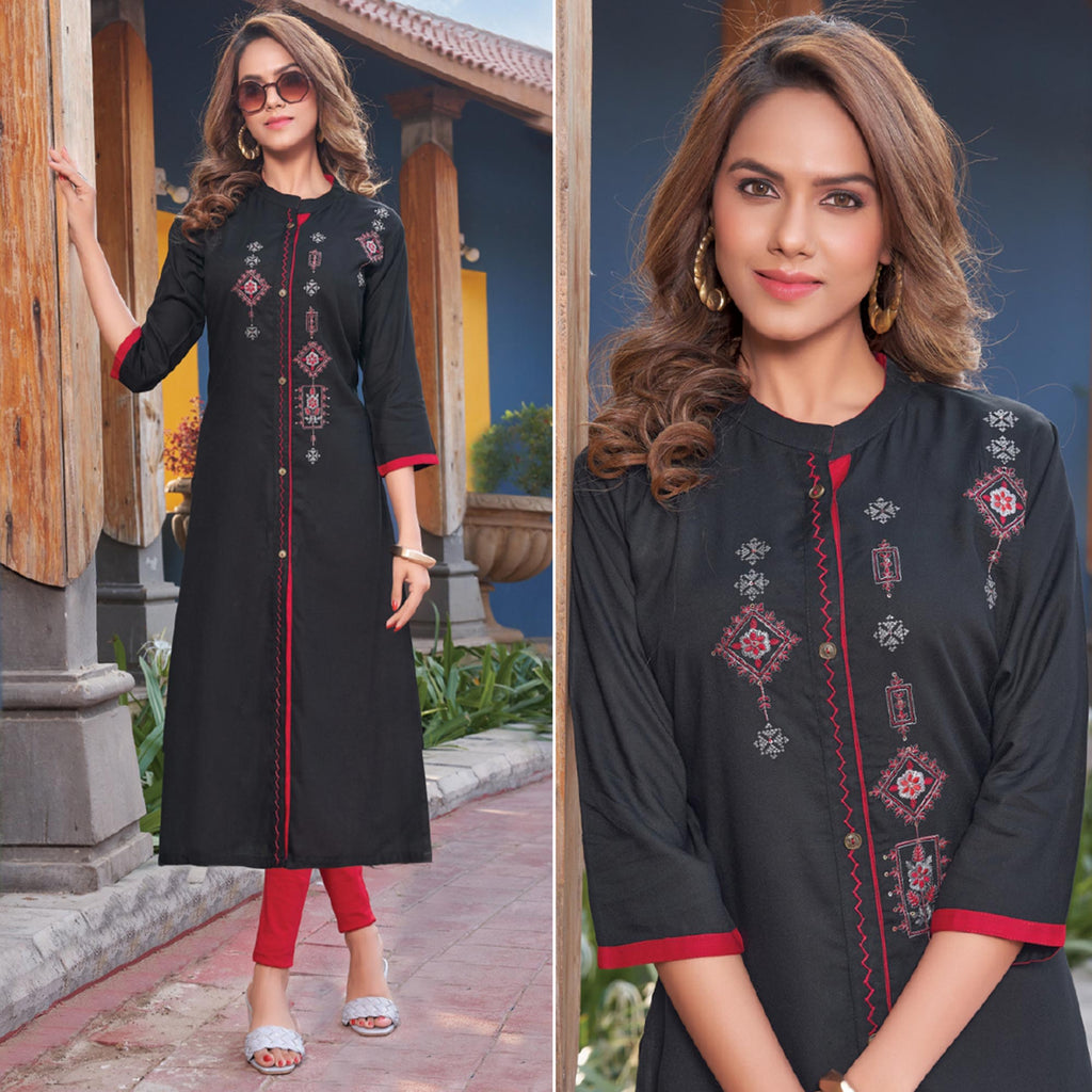 Black Embroidered Rayon Kurti