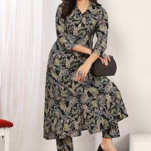 Black Floral Chanderi Print Two-Piece A-Line Set with Functional Pockets