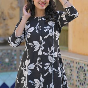 Black Floral Printed Pure Cotton A-Line Top