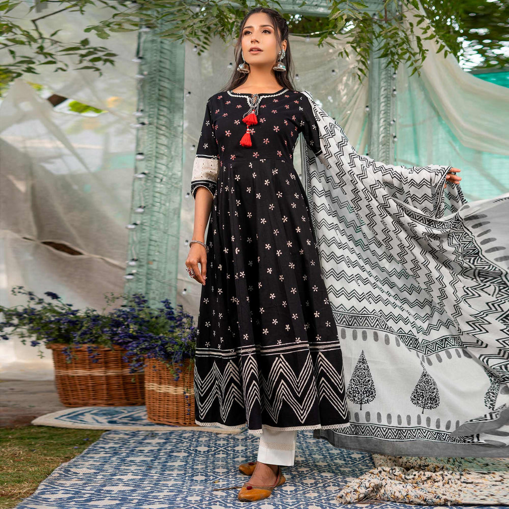 Black Floral Printed Pure Cotton Anarkali Suit