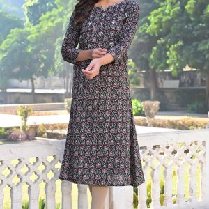 Black Floral Printed Pure Cotton Straight Kurti