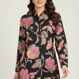 Black Muslin Shirt Top with Allover Floral Motifs