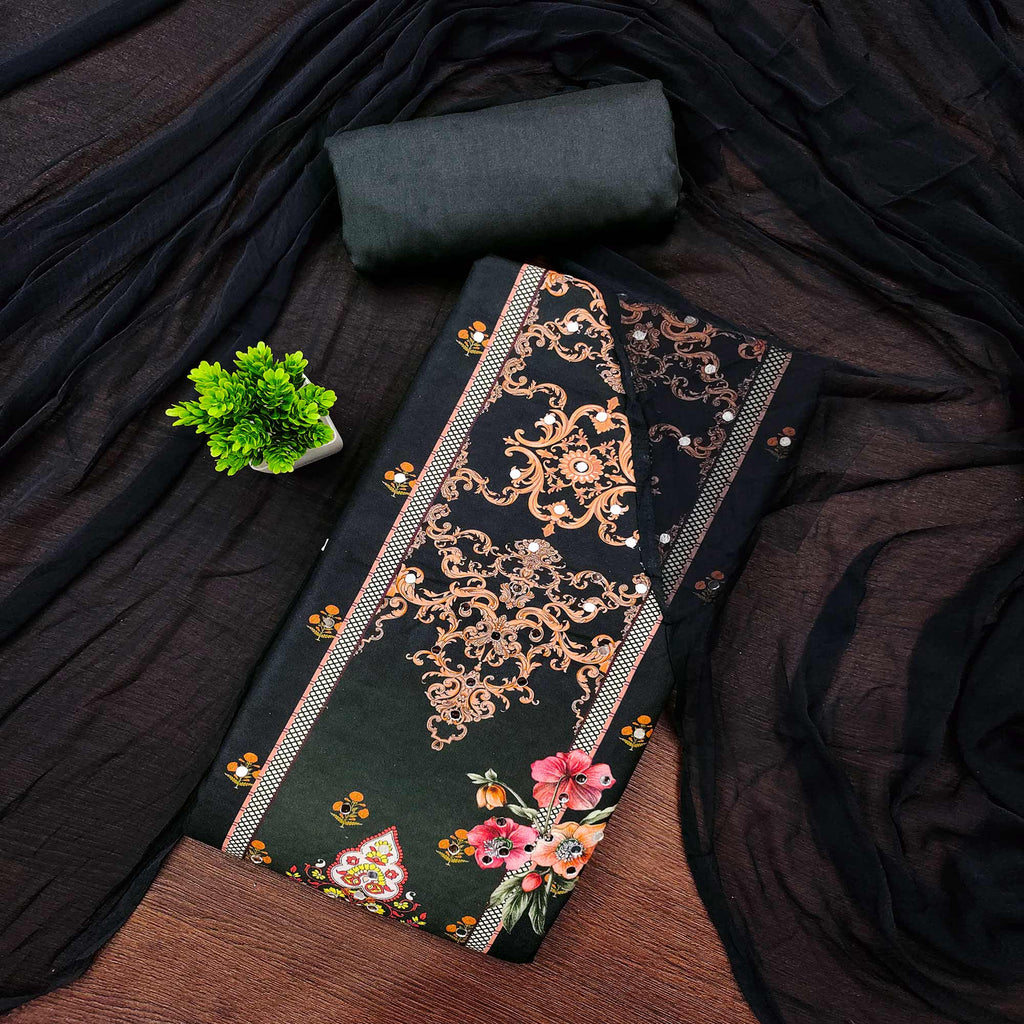 Black & Orange Floral Digital Printed Rayon Dress Material Enhanced With Mirror Work