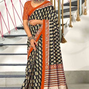 Black & Orange Hand Block Printed Pure Cotton Saree For Casual Wear