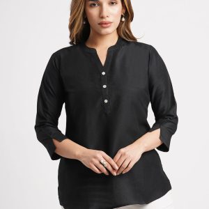 Black Solid Poly Chinon Straight Top