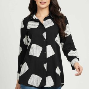 Black & White Geometric Printed Rayon Shirt Top With Collared Neckline