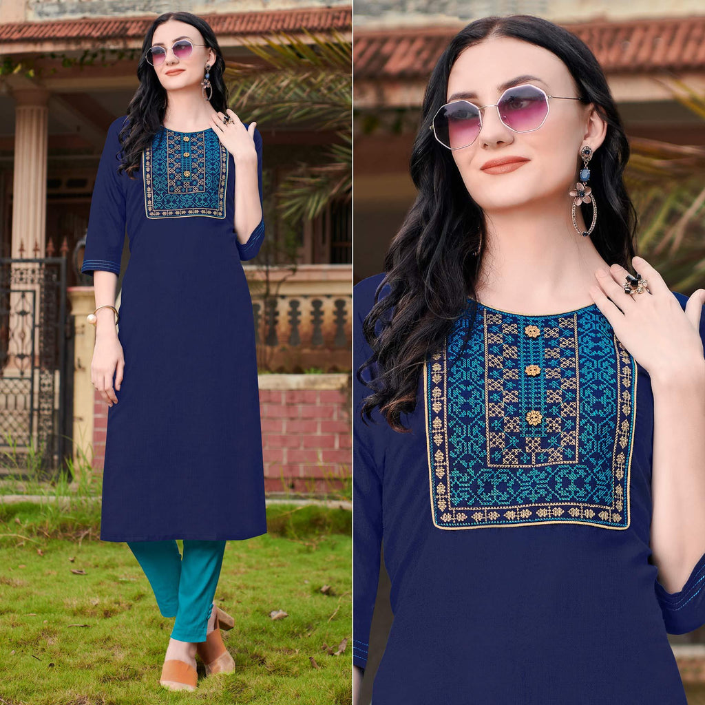 Blue Casual Wear Embroidered Cotton Kurti