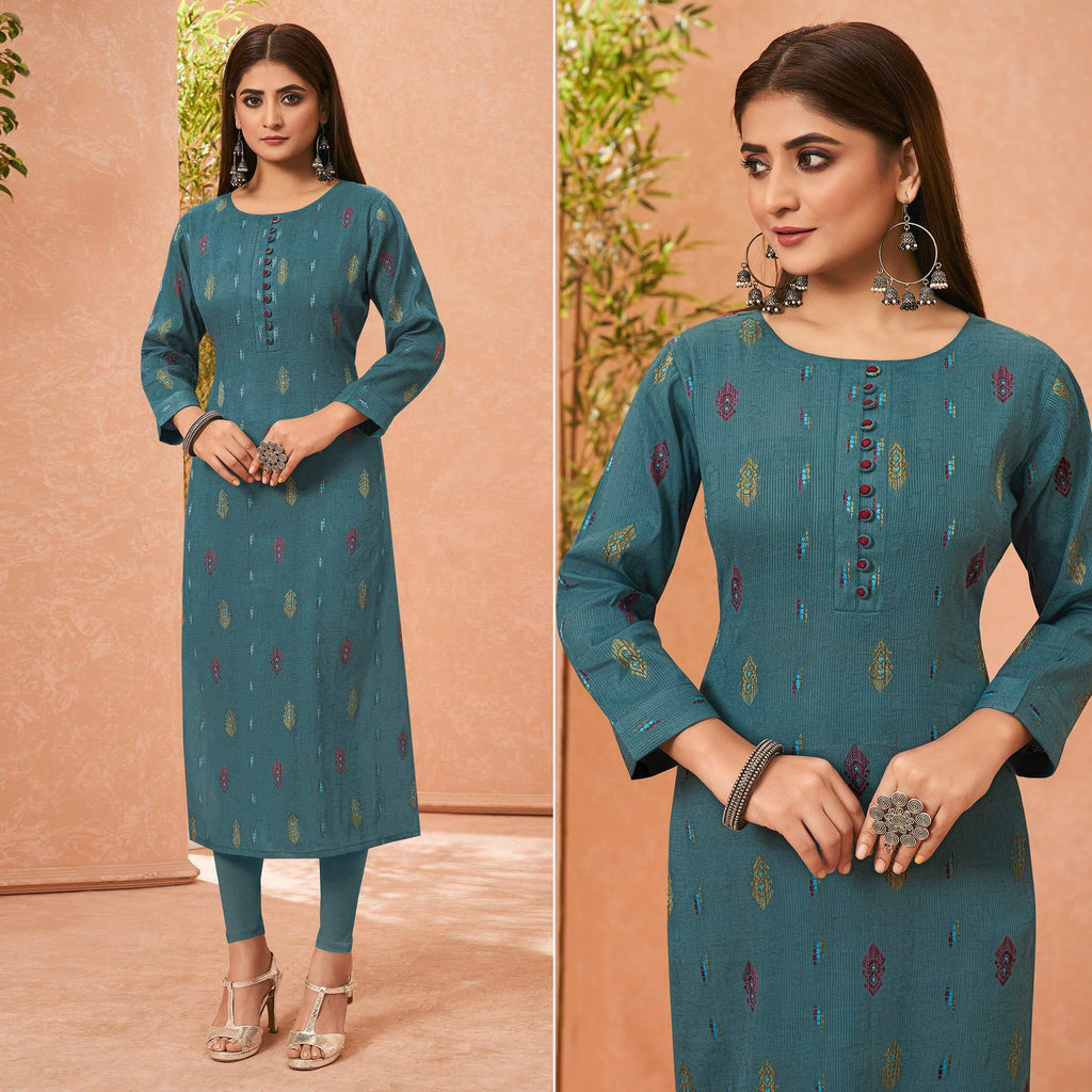 Blue Embroidered Pure Cotton Kurti
