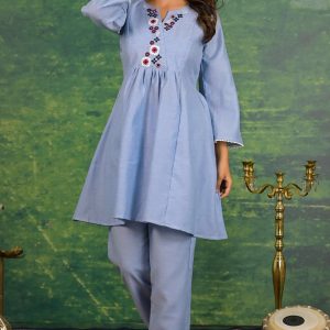 Blue Floral Embroidered Pure Cotton Top Bottom Set