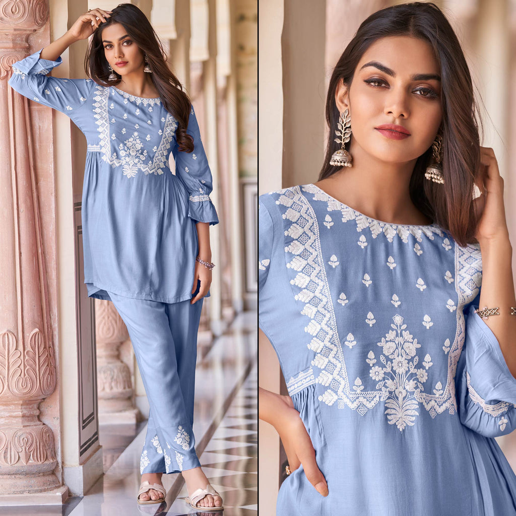 Blue Floral Embroidered Rayon Co Ord Set