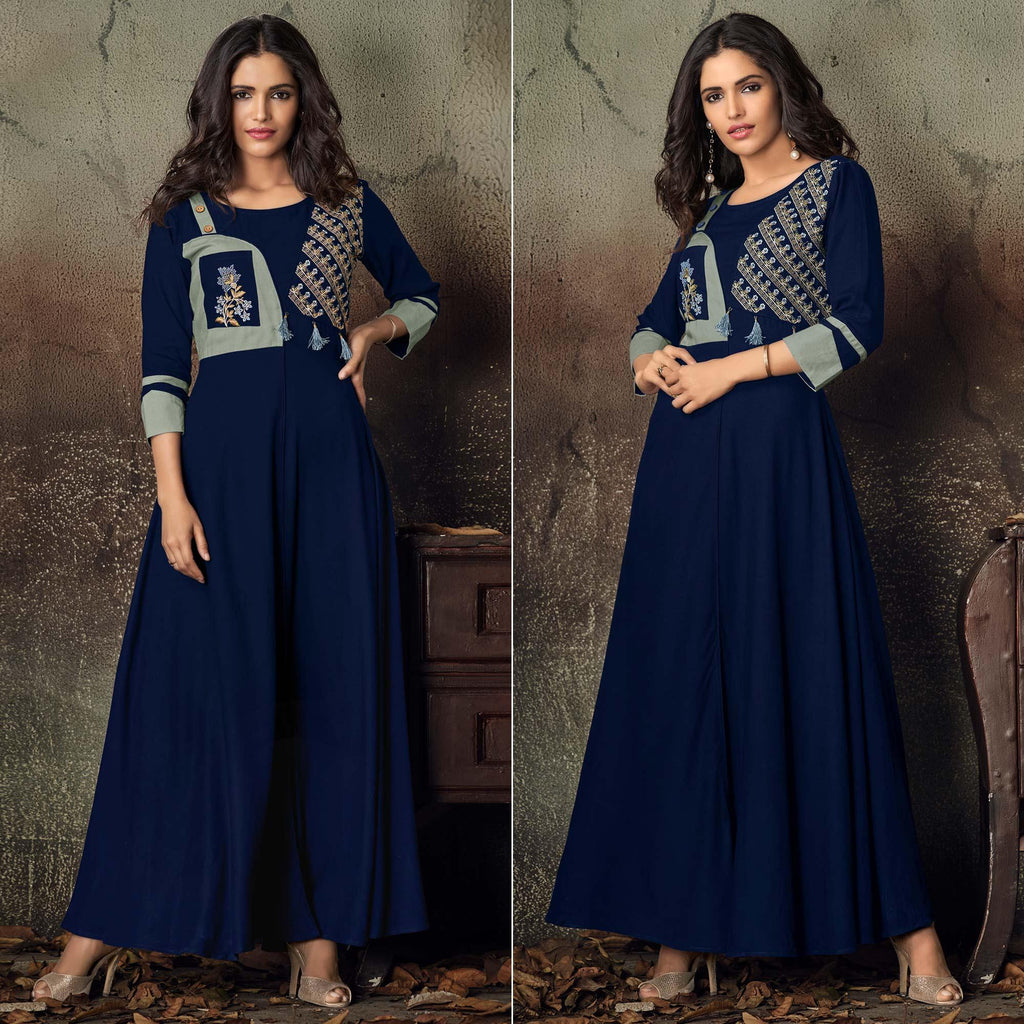Blue Floral Embroidered Rayon Kurti