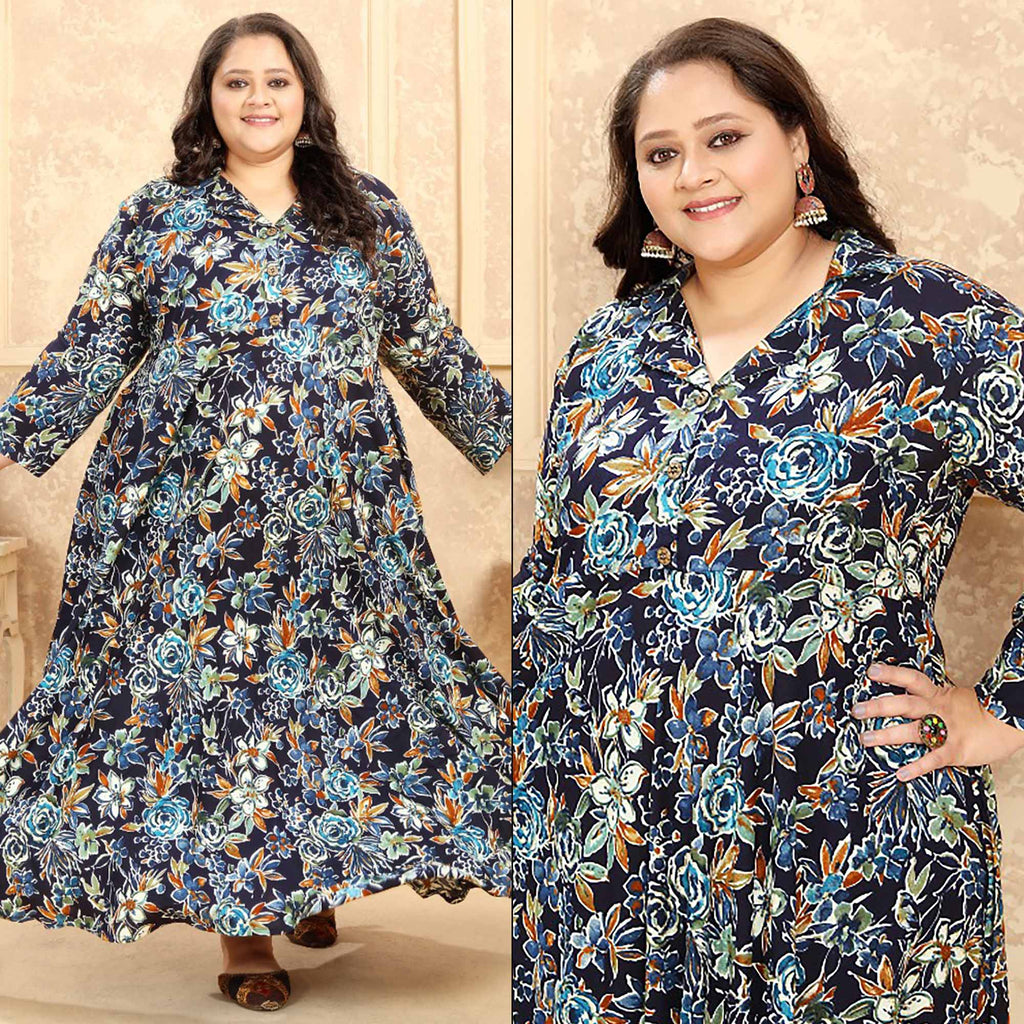 Blue Floral Printed Rayon Long Kurti