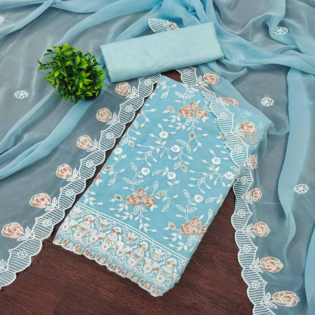 Blue Georgette Dress Material Highlighted With Floral Thread Embroidery