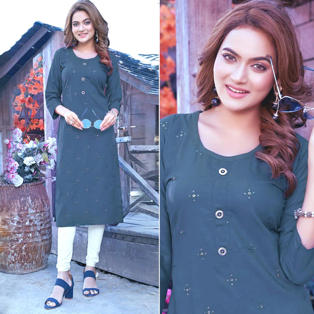 Blue Sequins Embroidered Rayon Kurti