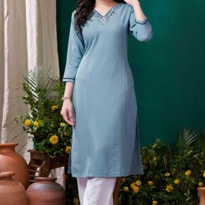 Blue Yoke Embroidered Pure Cotton Straight Kurti