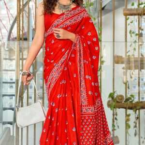 Bold Red Soft Cotton Saree with Delicate Floral Prints