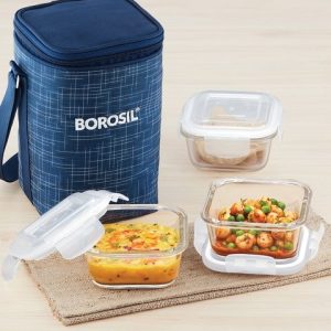 BOROSIL Blue & Transparent Indigo Borosilicate Glass 3 Piece Square Containers Lunch Box With Bag