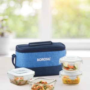 BOROSIL Transparent & Blue Borosilicate Glass Lunch Box With 4 Containers