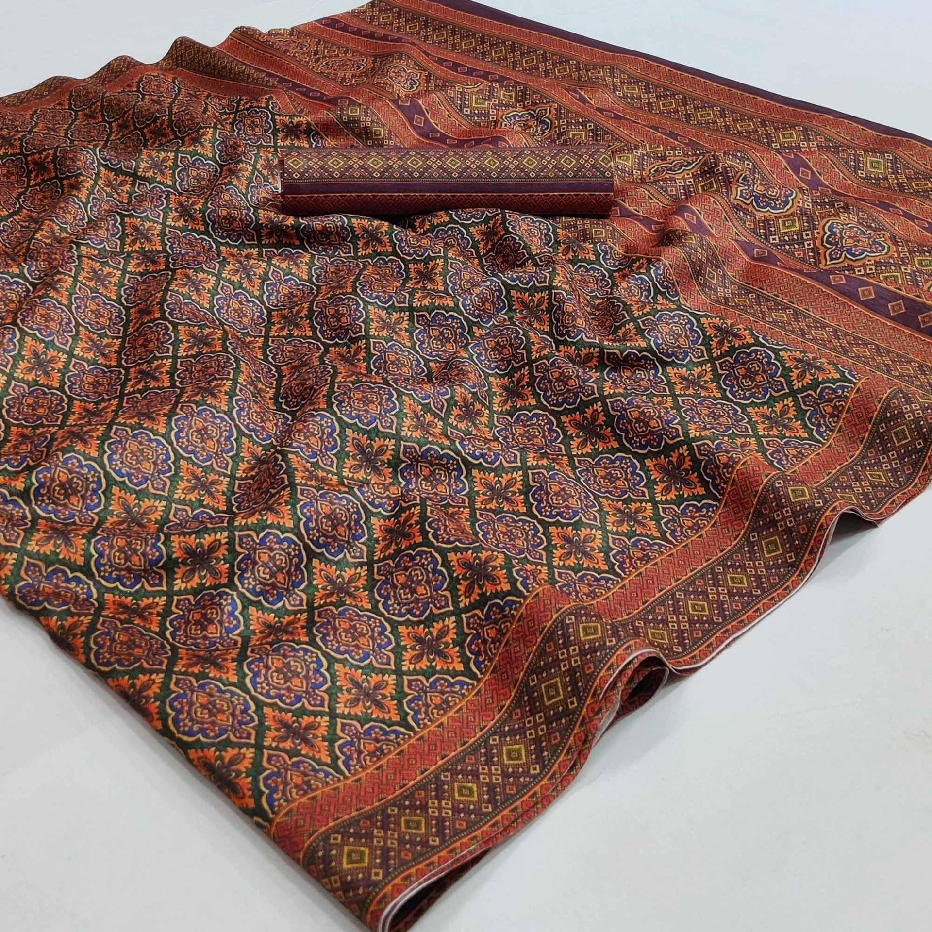 Bottle Green Floral Printed Pure Cotton Saree