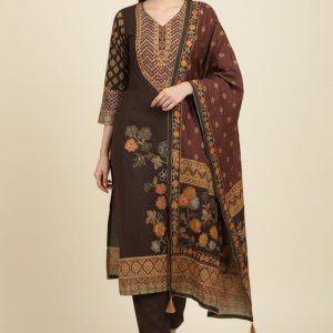 Brown Floral Printed Muslin Straight Salwar Suit with Handwork Detailing for Festive Wear