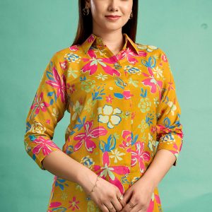 Brown Floral Printed Muslin Straight Top