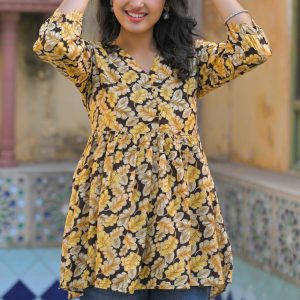 Brown Floral Printed Rayon A-Line Top