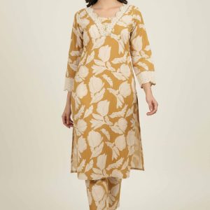 Charming Mustard Pure Cotton Floral Printed Co-Ord Set With Graceful Lace On Neckline & Sleeves